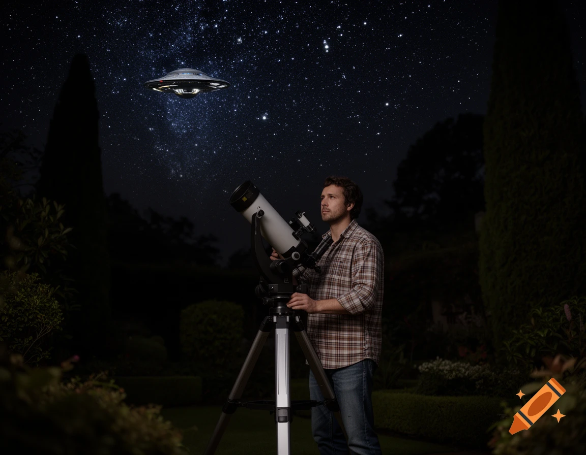 A man in a garden at night looks through a telescope at a UFO in the starry sky.