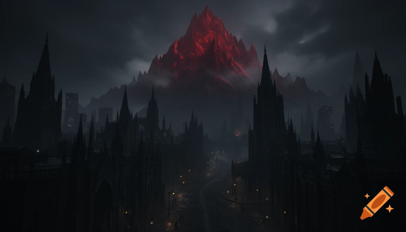 A dark, vampiric city with gothic spires shrouded in mist, dominated by a glowing red mountain under a cloudy sky.