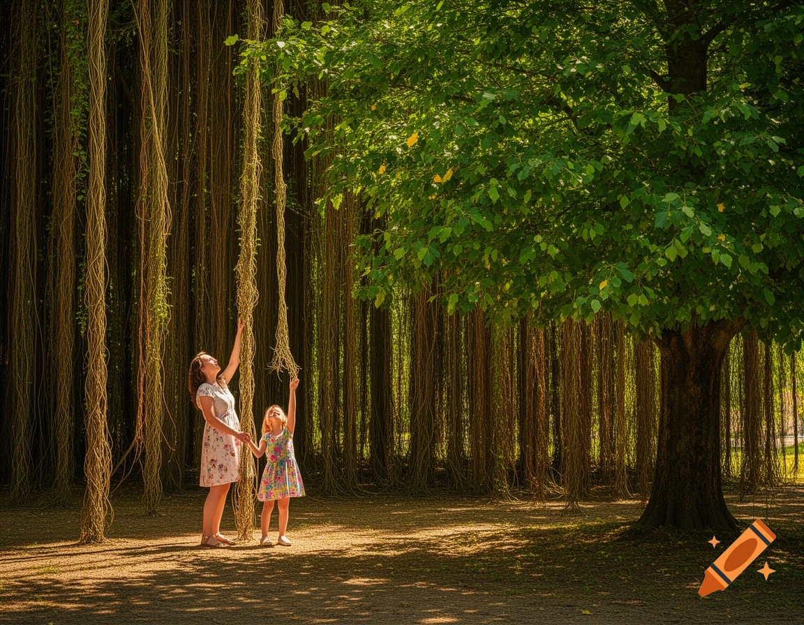A mother and daughter reach up towards thick vines hanging from trees in a sunlit forest.