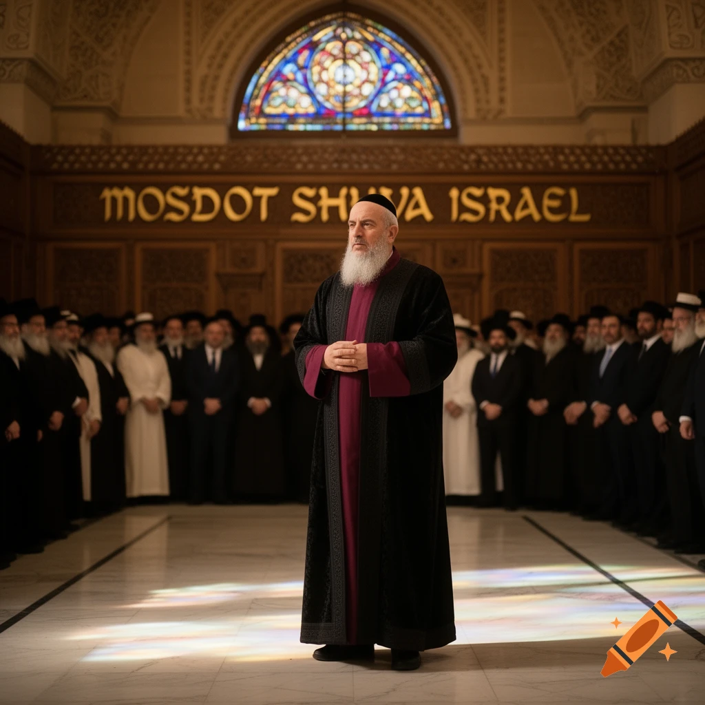 A bearded rabbi in a black and maroon robe stands in a grand synagogue with 'MOSDOT SHUVA ISRAEL' inscribed on the wall behind him, flanked by other men.