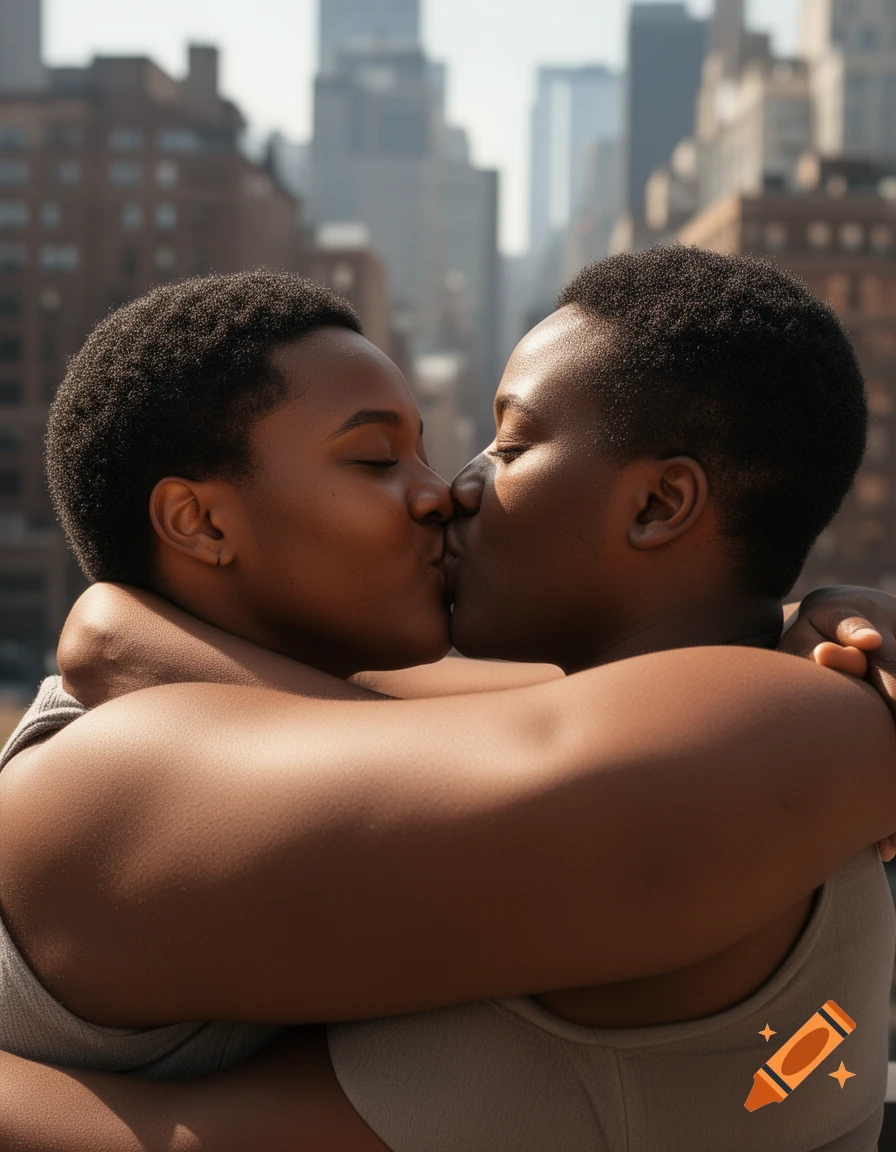 A close-up, photorealistic shot of two Black individuals embracing and kissing outdoors with a blurred city skyline.