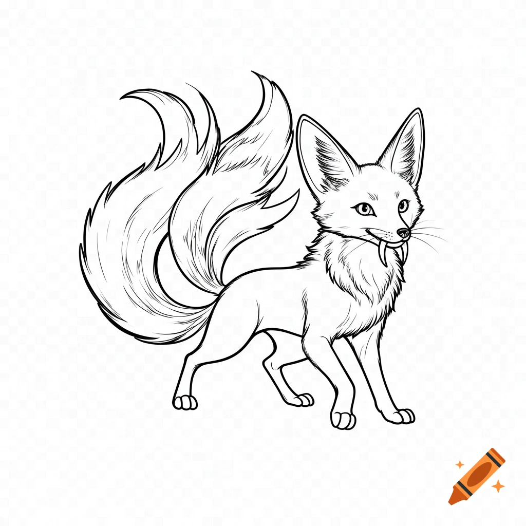 A black and white line art drawing of a kitsune with three tails and saberteeth, in a crouching pose.