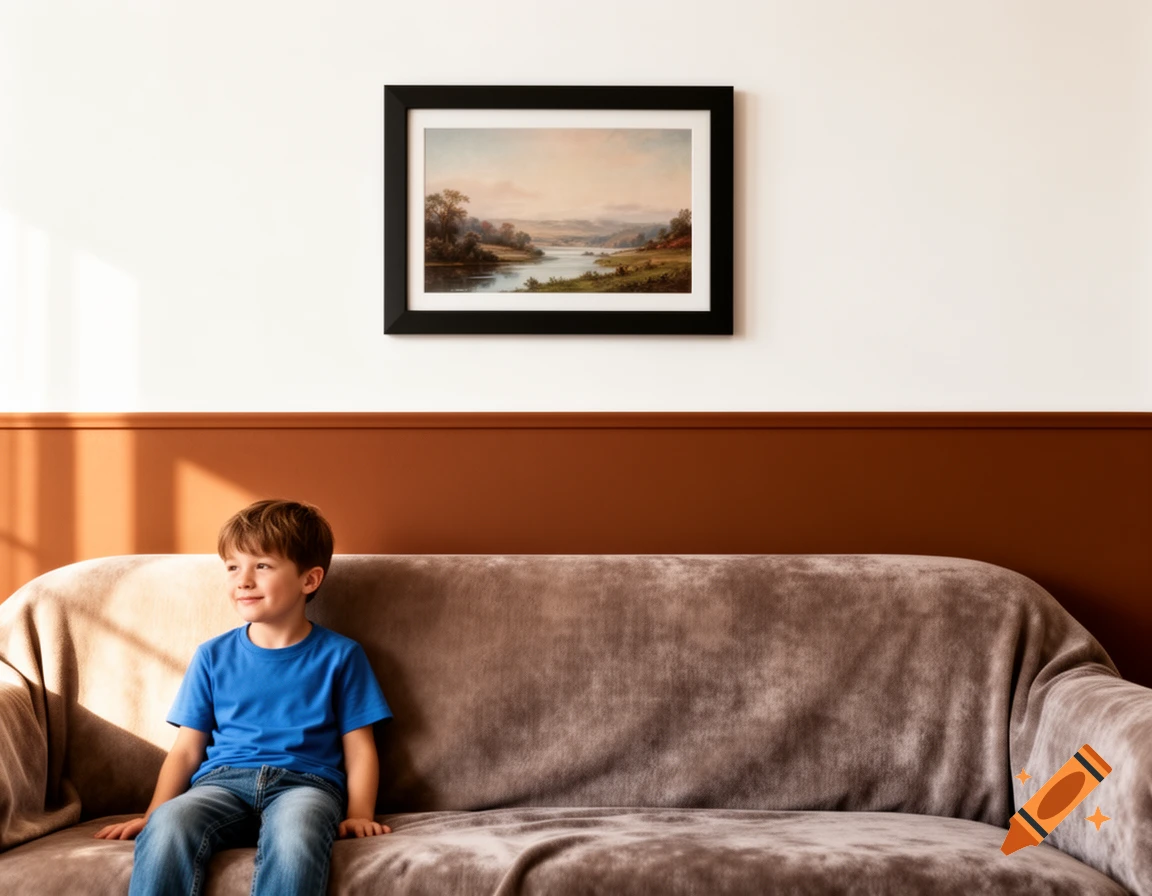 A young boy in a blue shirt and jeans sits on a brown couch. A framed landscape painting hangs on a two-tone wall above him.