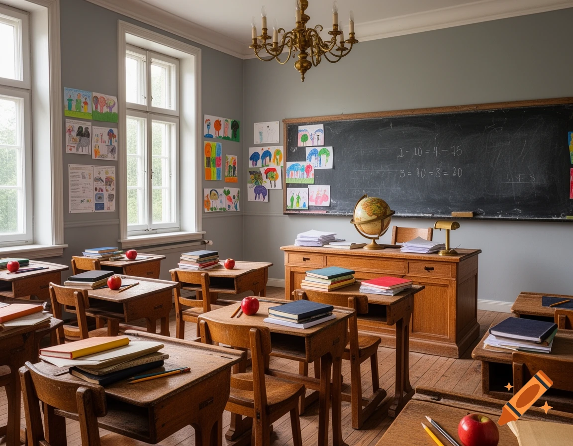 A vintage-style classroom with wooden desks, a large blackboard displaying math equations, and colorful children's drawings on the walls.
