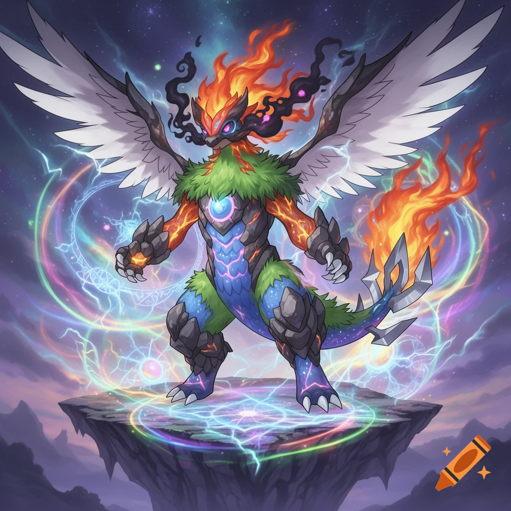 A colorful, winged, fire and electricity-infused fantasy creature stands on a floating rock platform, surrounded by glowing energy rings under a starry sky.