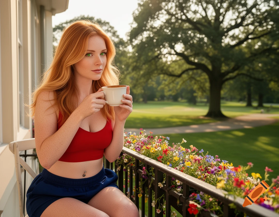 A red-haired woman with green eyes, wearing a red crop top and blue shorts, drinks coffee on a flower-filled balcony overlooking a park.