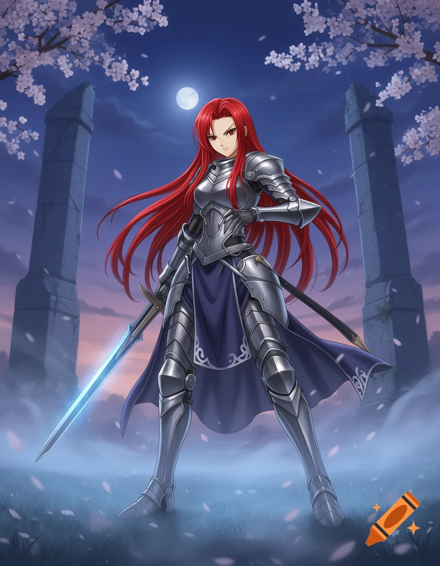 Red-haired anime warrior in full plate armor holds a glowing sword under a full moon with cherry blossoms and ancient ruins.