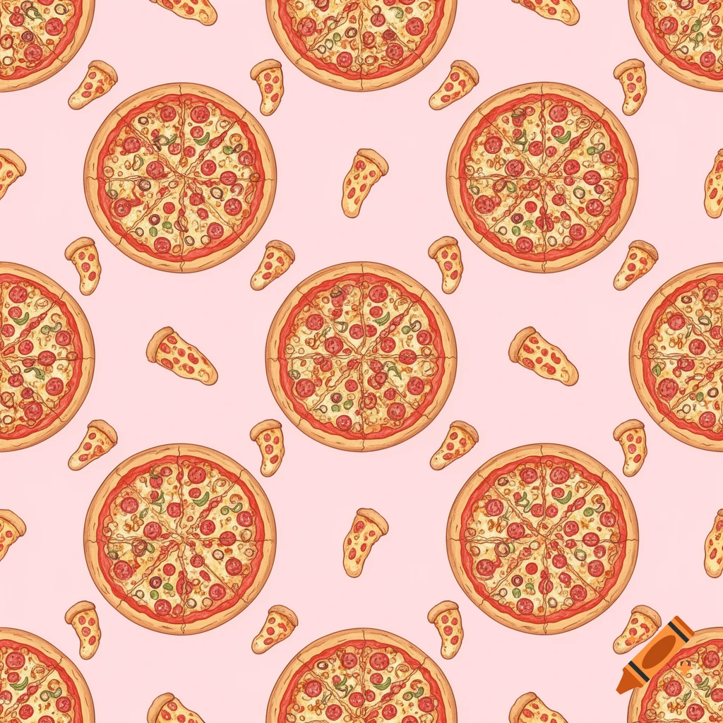 Seamless pattern of cartoon-style pepperoni pizzas and slices on a light pink background.
