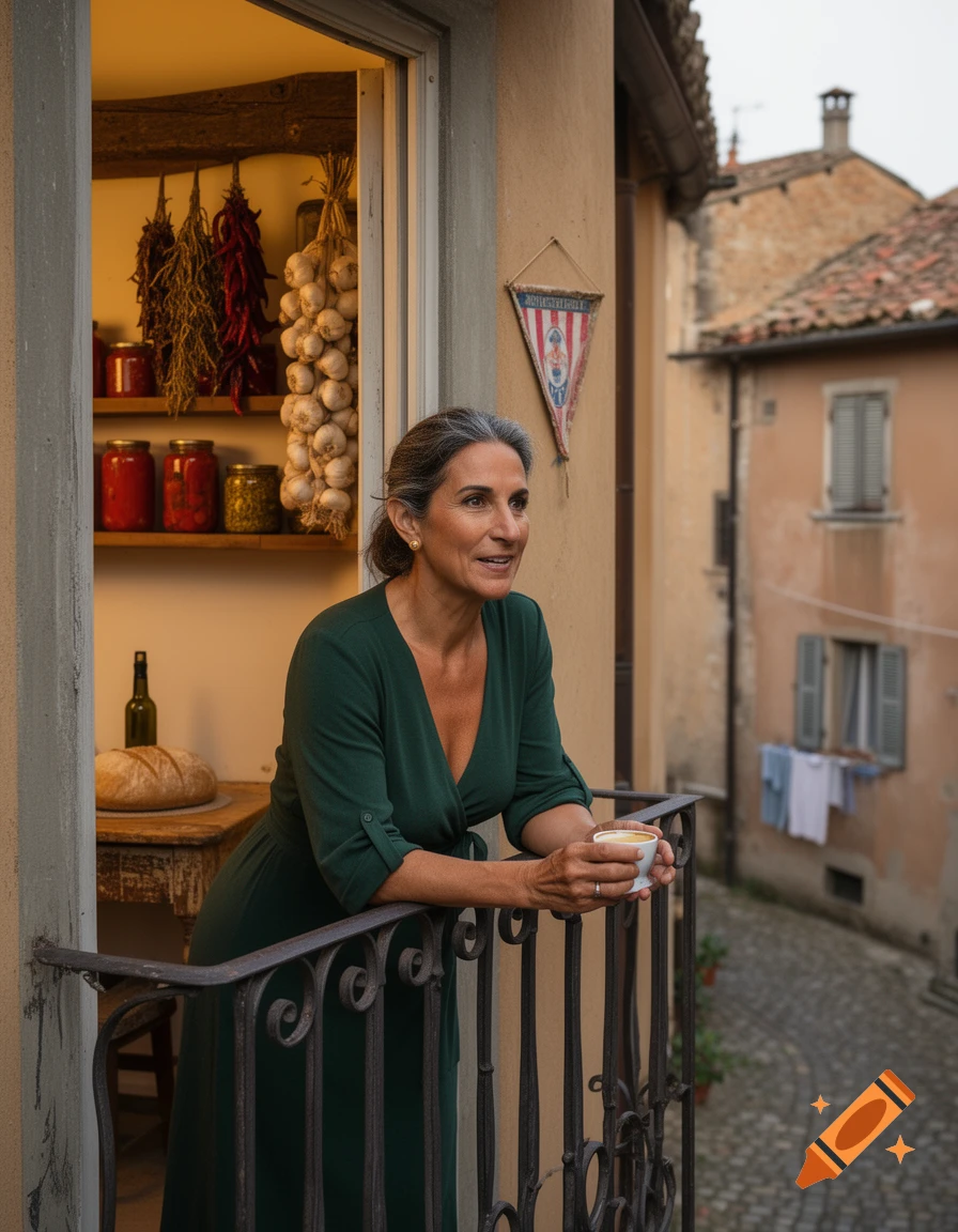 An Italian woman leans on a balcony railing, holding an espresso, overlooking a cobblestone street with a rustic kitchen behind her.