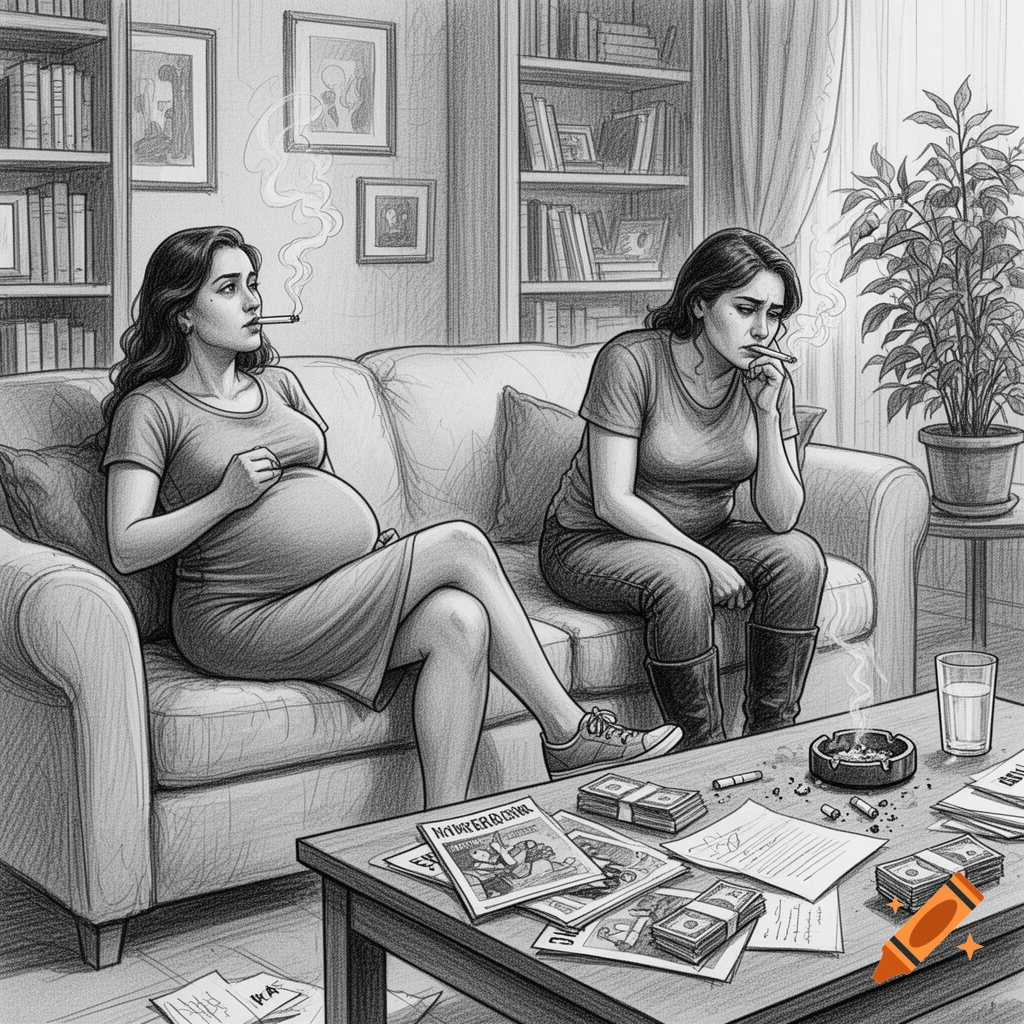Detailed black-and-white pencil sketch of two pregnant women smoking cigarettes on a couch in a living room, cluttered coffee table.