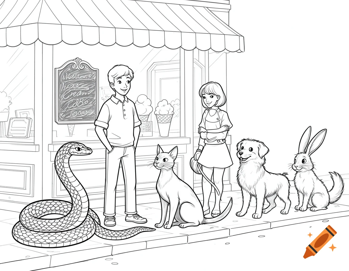A black and white coloring page showing a boy and girl with a snake, cat, dog, and rabbit in a line outside an ice cream shop.