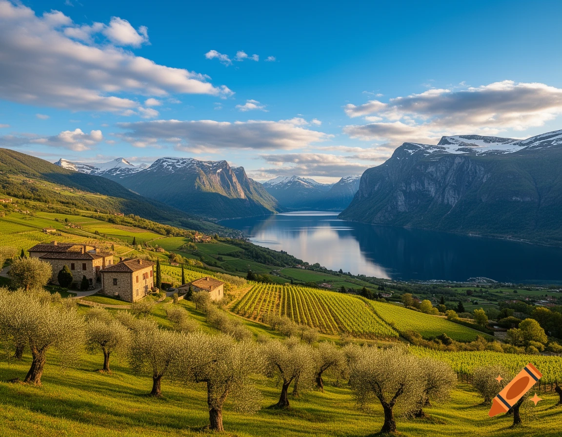 A panoramic view of a scenic valley with a deep blue fjord, snow-capped mountains, green hills with vineyards and olive trees, and traditional stone houses under a blue sky.