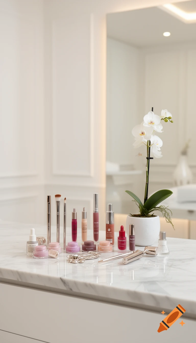 Various makeup products and an orchid on a white marble counter in a clean, minimalist room.