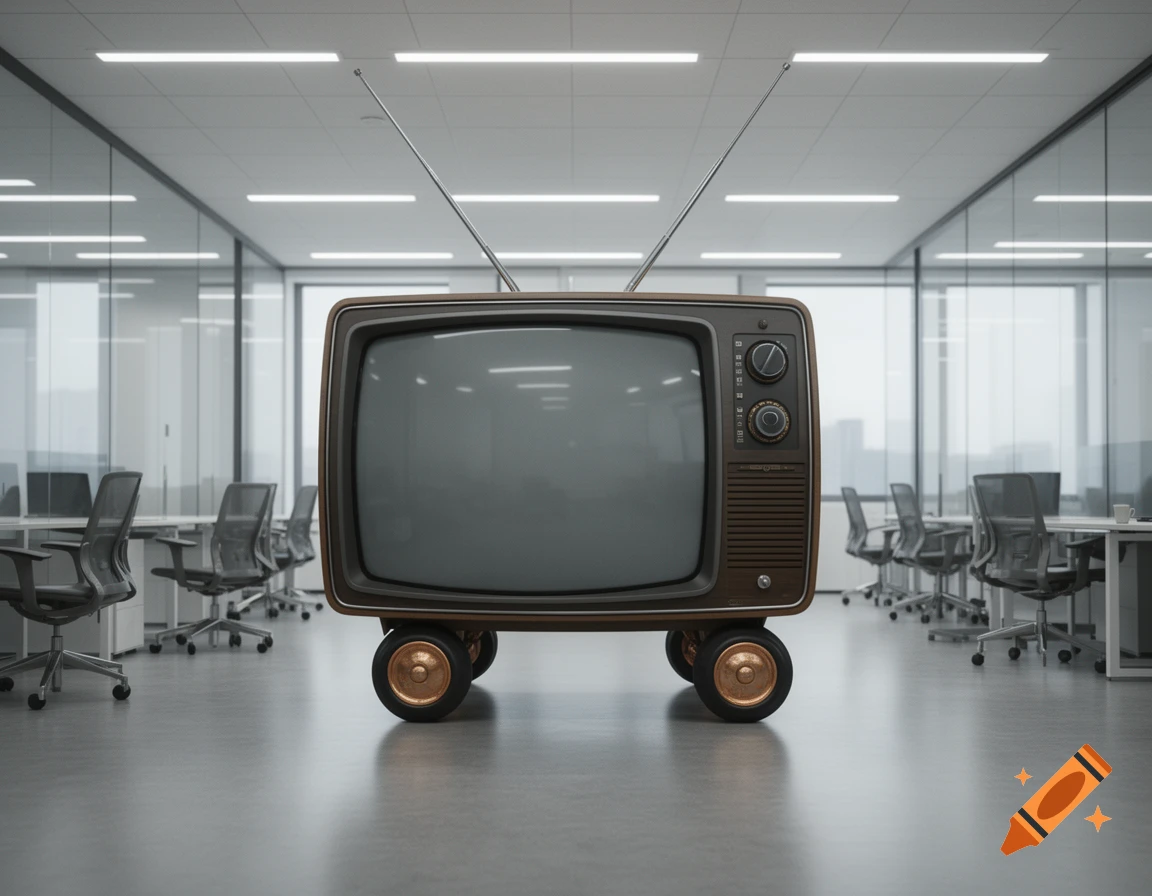 A retro brown television with large gold wheels and antennas moves through a modern office.