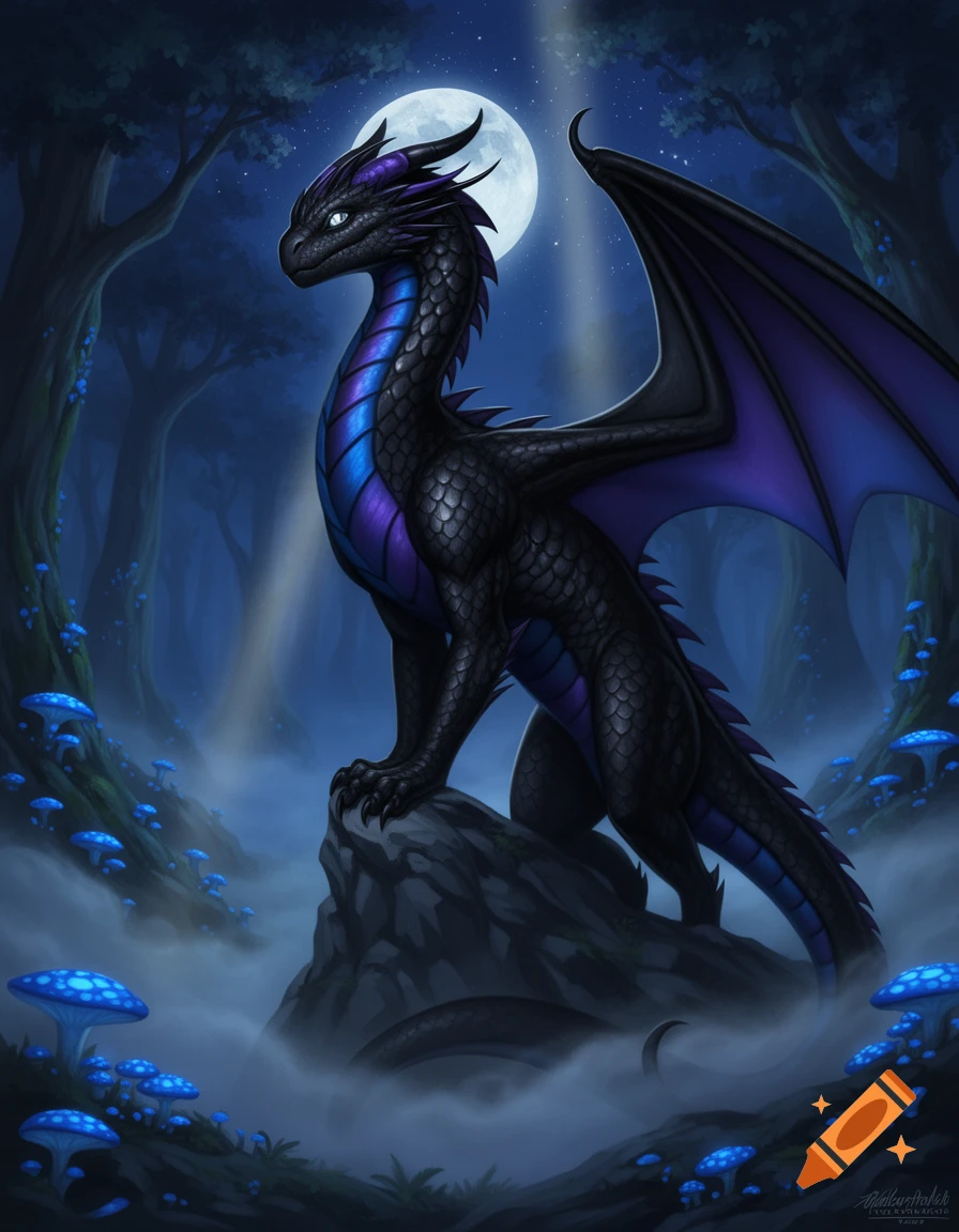 A black dragon with blue and purple markings sits on a rock in a moonlit fantasy forest with glowing blue mushrooms.