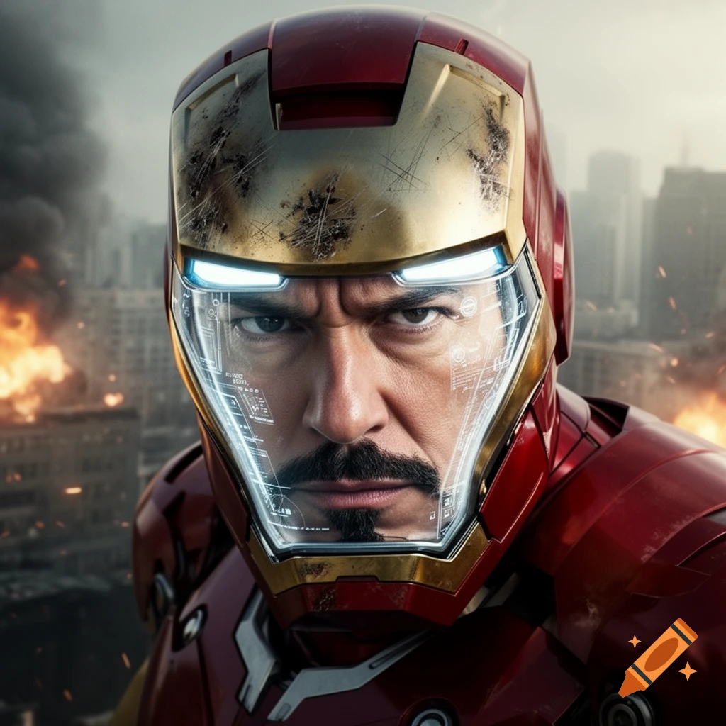 Close-up of Tony Stark's intense face visible through a damaged Iron Man helmet with a digital HUD, against a burning city background, photorealistic.