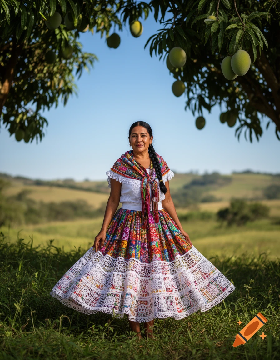 A woman in a colorful folk dress and braided hair stands in a grassy field under mango trees.