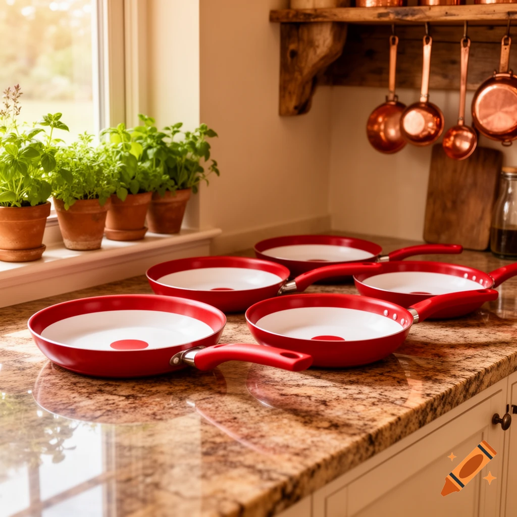 Red and white frying pans on a granite kitchen countertop by a window with potted herbs. Copper pots hang above.