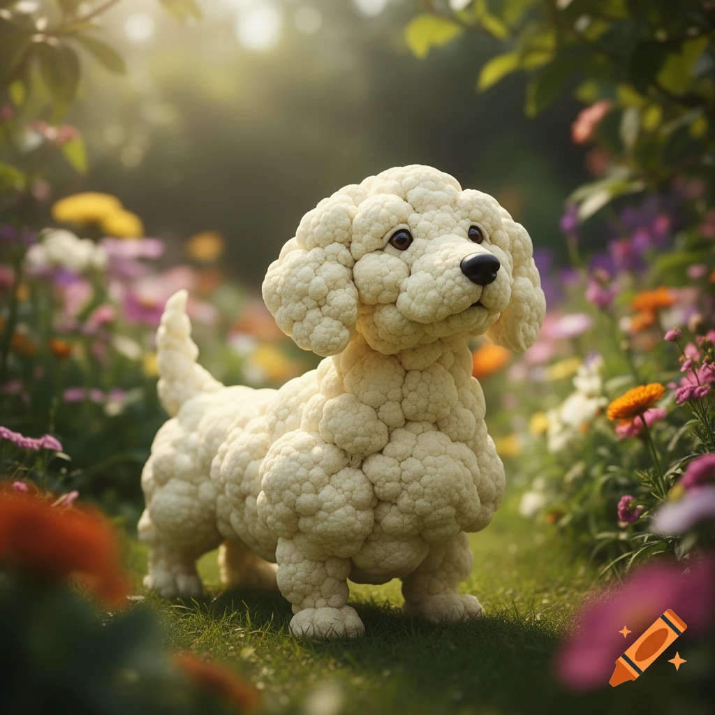 A cute dog made entirely of cauliflower florets stands on a grassy path in a sunlit garden, surrounded by vibrant, blurred flowers.