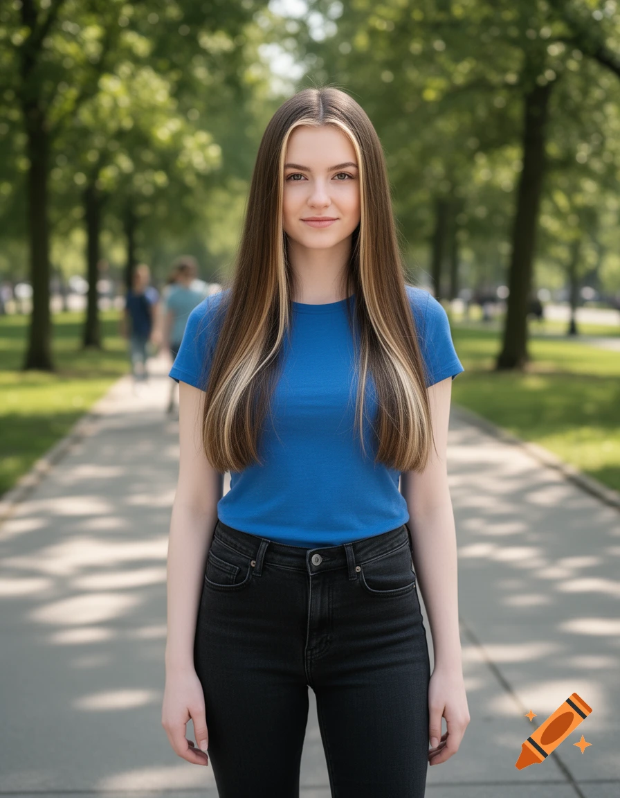 A young woman with long brown hair and blonde highlights stands in a park, wearing a blue t-shirt and black jeans.