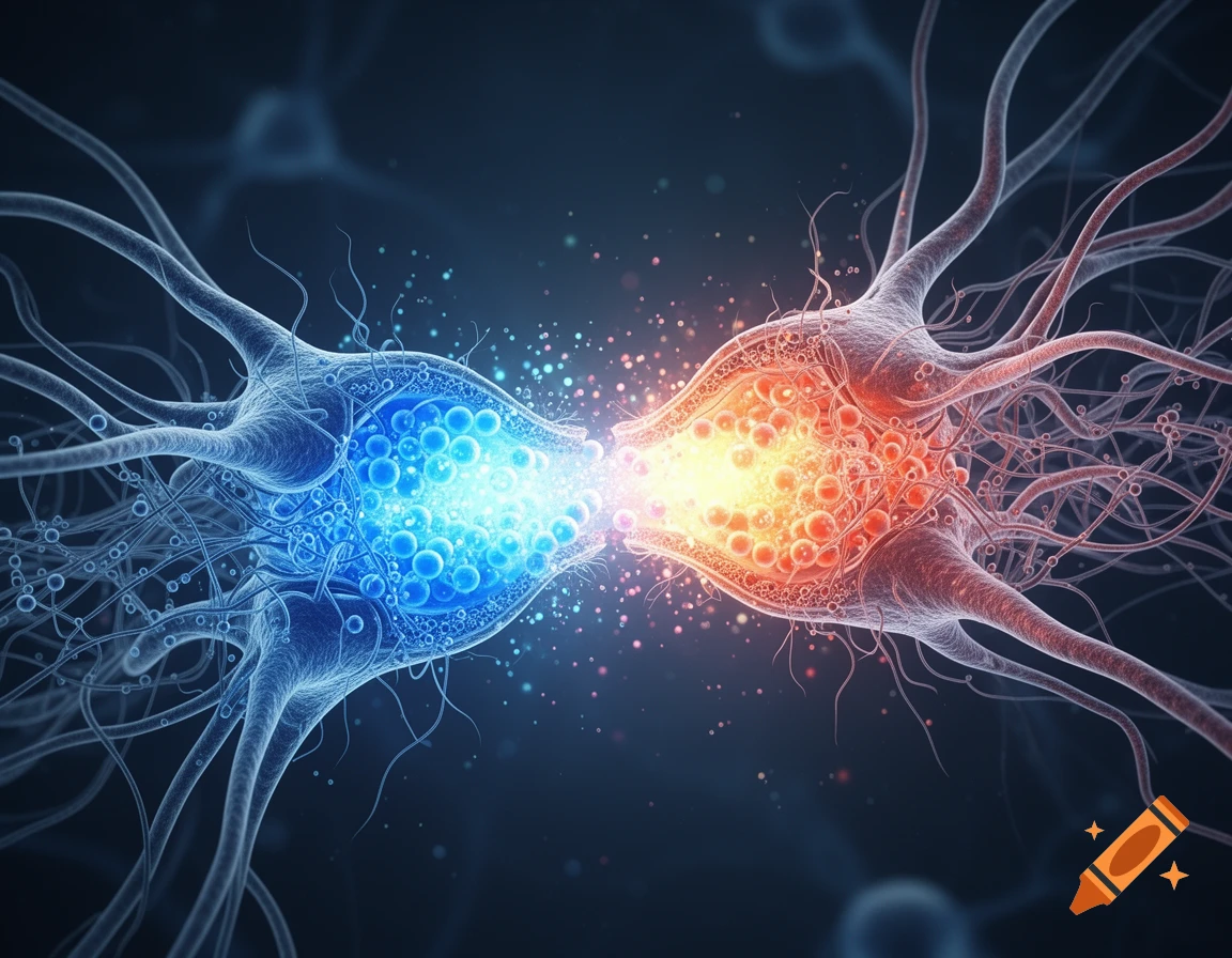 A detailed, glowing illustration of two synapses connecting, one blue and one orange, against a dark, blurry background.