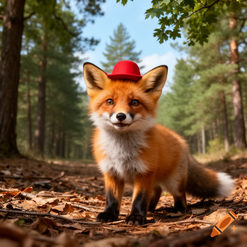 A cute, photorealistic fox wearing a red hat stands on a forest path covered in leaves, looking at the viewer.