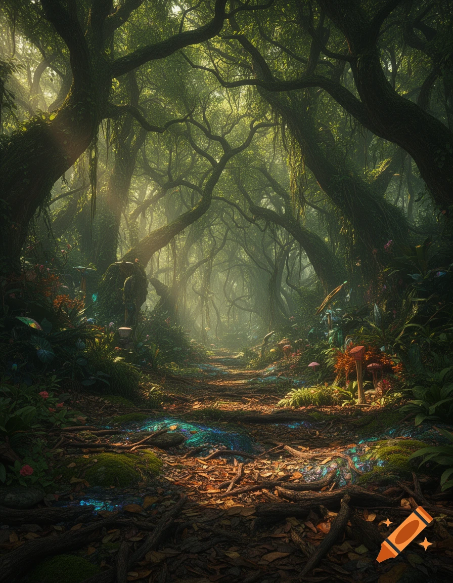 A mystical, sun-dappled forest path winds through ancient, gnarled trees with glowing, iridescent patches on the ground.
