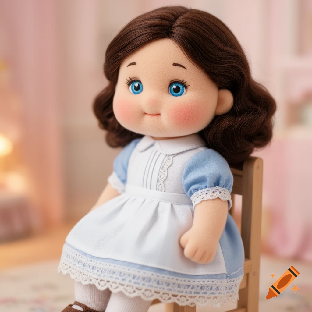 A cute, small doll with brown hair, bright blue eyes, and rosy cheeks, wearing a white and blue dress with lace trim, sitting on a wooden chair.