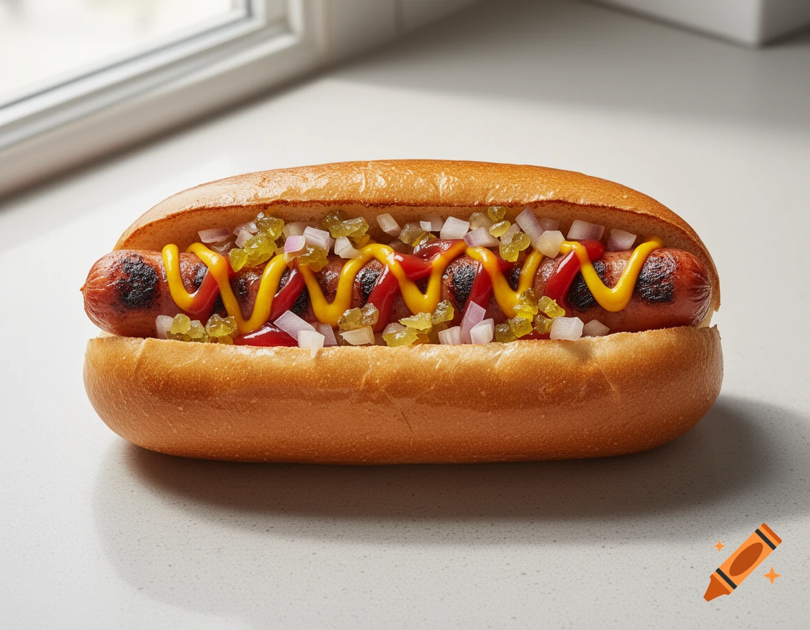 A photorealistic hot dog in a bun, topped with mustard, ketchup, diced onions, and relish on a light countertop.