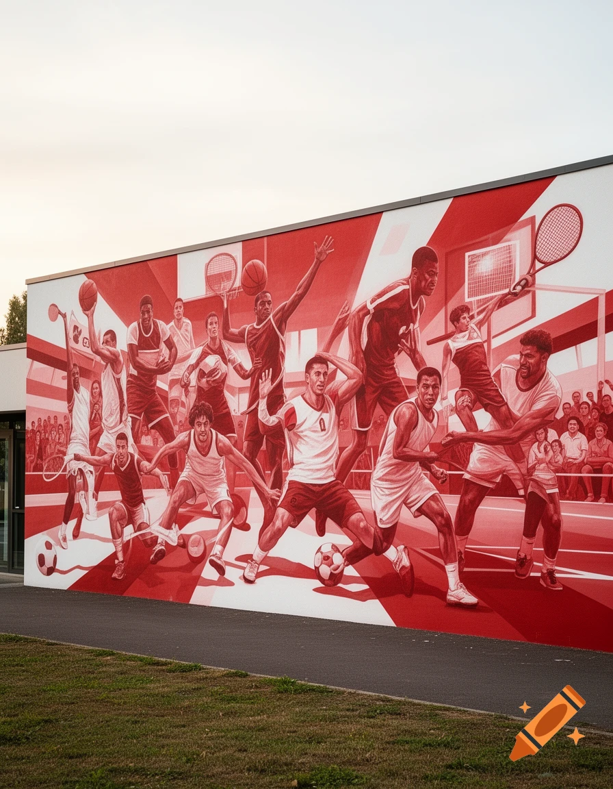 A large red and white mural on an outdoor wall depicts multiple athletes playing basketball, soccer, and tennis in motion.