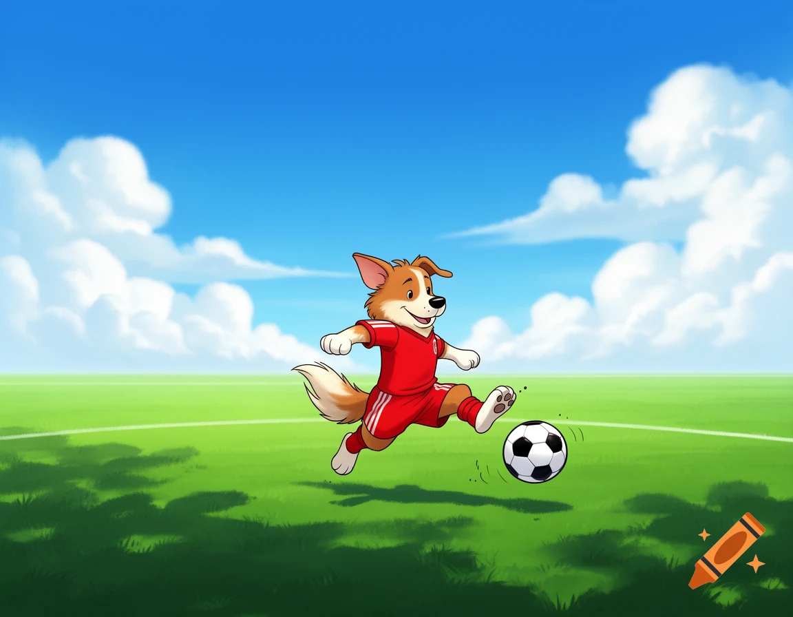 A happy cartoon dog in a red uniform kicks a soccer ball on a green field under a blue sky, in a 2D illustration.
