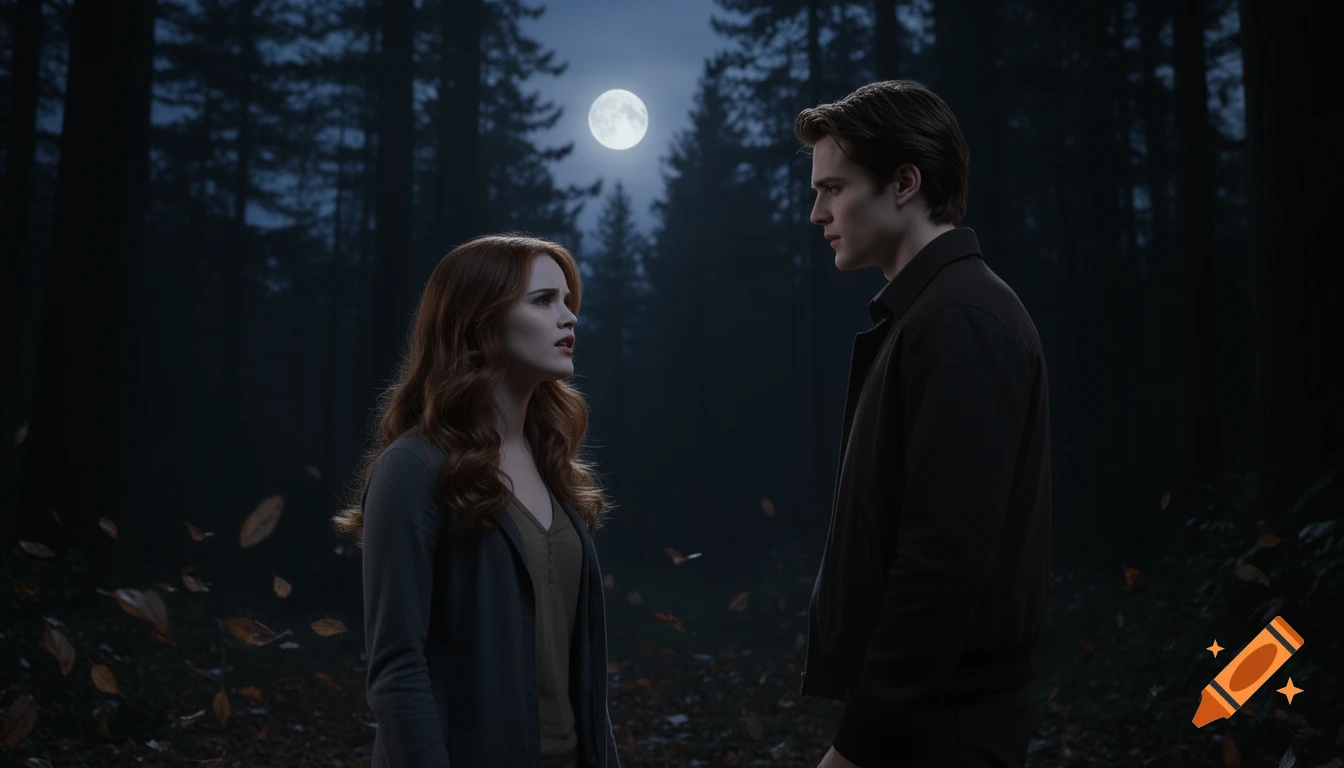 A man and a woman look intently at each other in a dark forest at night under a full moon, with fallen leaves on the ground.