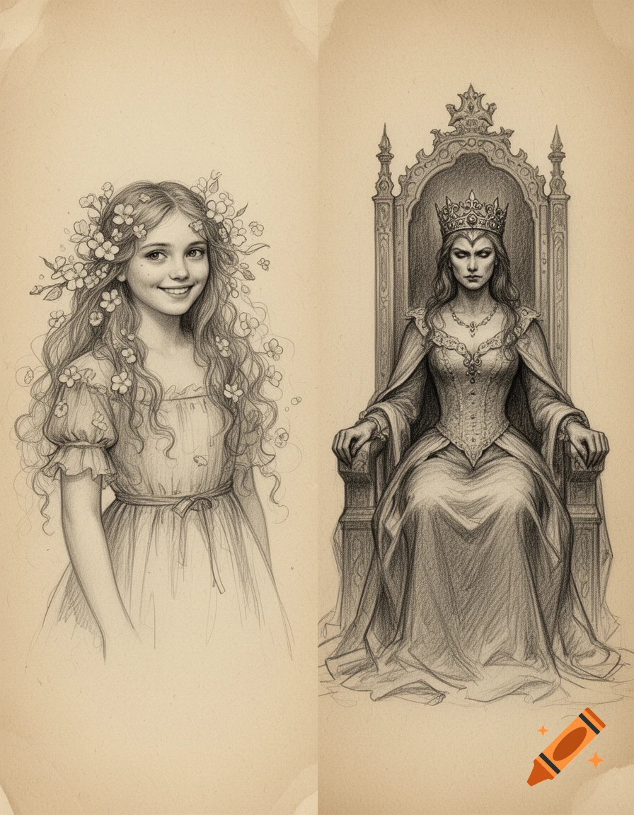 Pencil drawing on aged paper showing a smiling young woman with flowers in her hair next to a stern queen on a throne.
