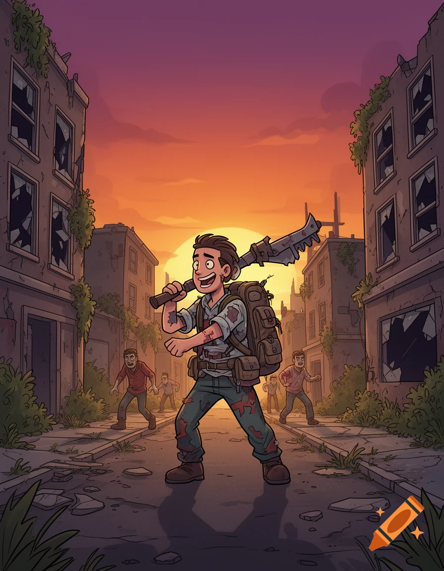 A cartoon survivor with a large saw-weapon stands on a ruined city street at sunset, with zombie-like figures in the background.
