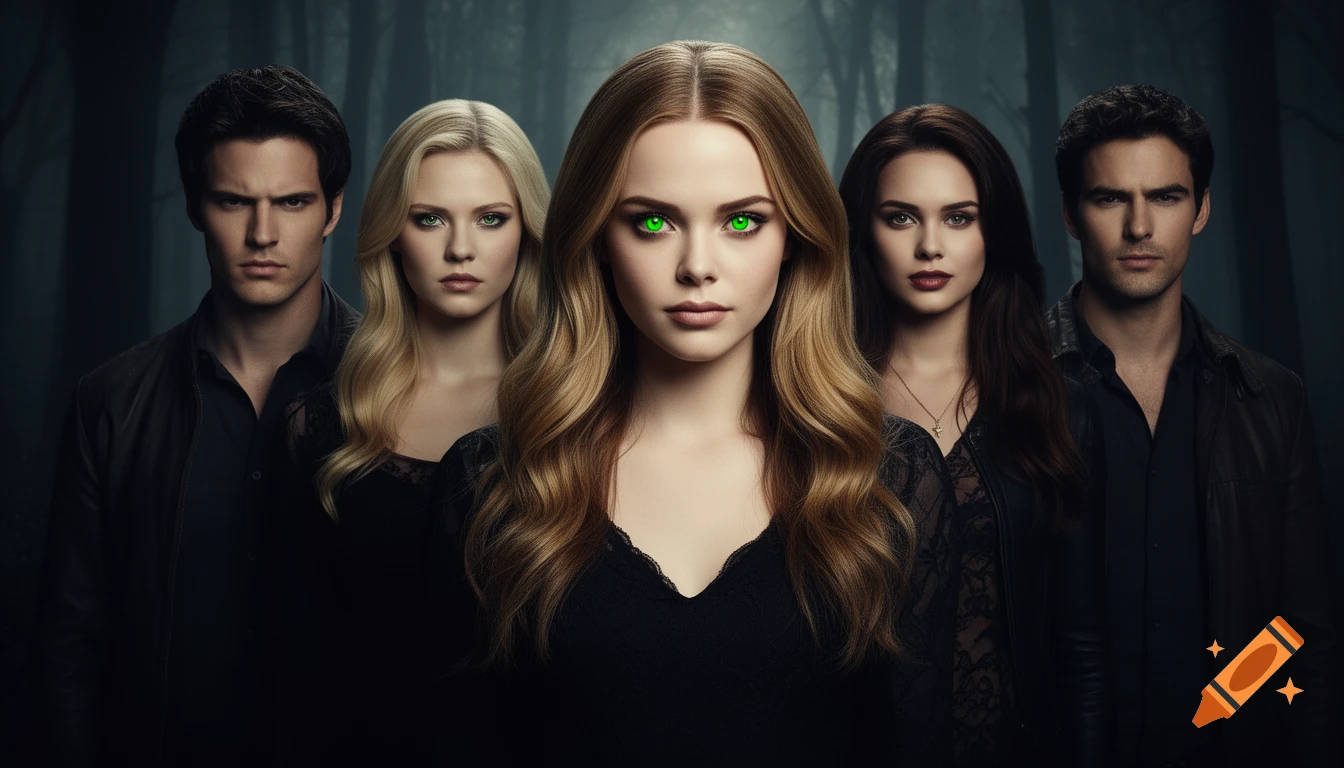 Five intense young adults, including a woman with piercing green eyes, stand in a dark, moody forest, looking directly ahead.