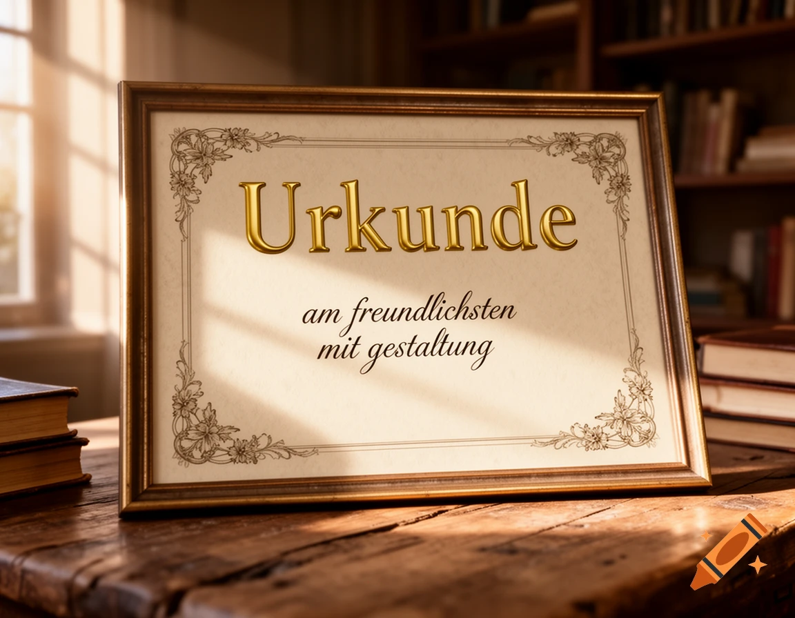 A framed certificate with "Urkunde" in gold text and "am freundlichsten mit gestaltung" below, resting on a wooden desk with books in a sunlit room.