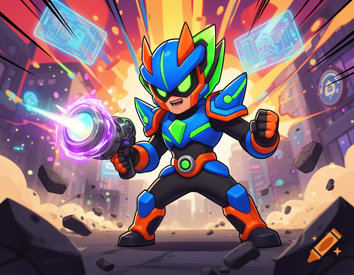 A cartoonish character in blue, green, and orange armor with a glowing laser gun stands in a stylized city, surrounded by floating holographic screens.