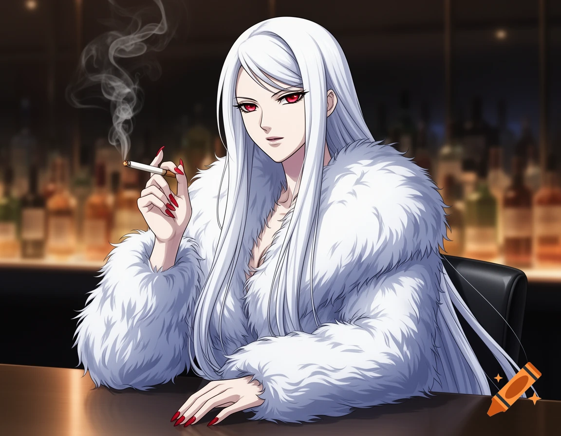 Anime woman with long white hair and red eyes in a fluffy white fur coat, sitting at a bar and smoking a cigarette.