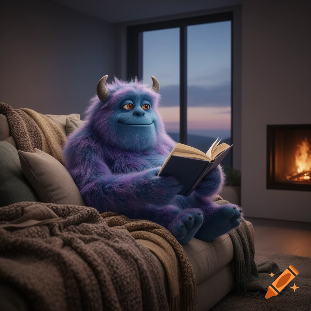 A fluffy blue and purple monster with horns relaxes on a couch, reading a book by a warm fireplace at dusk.