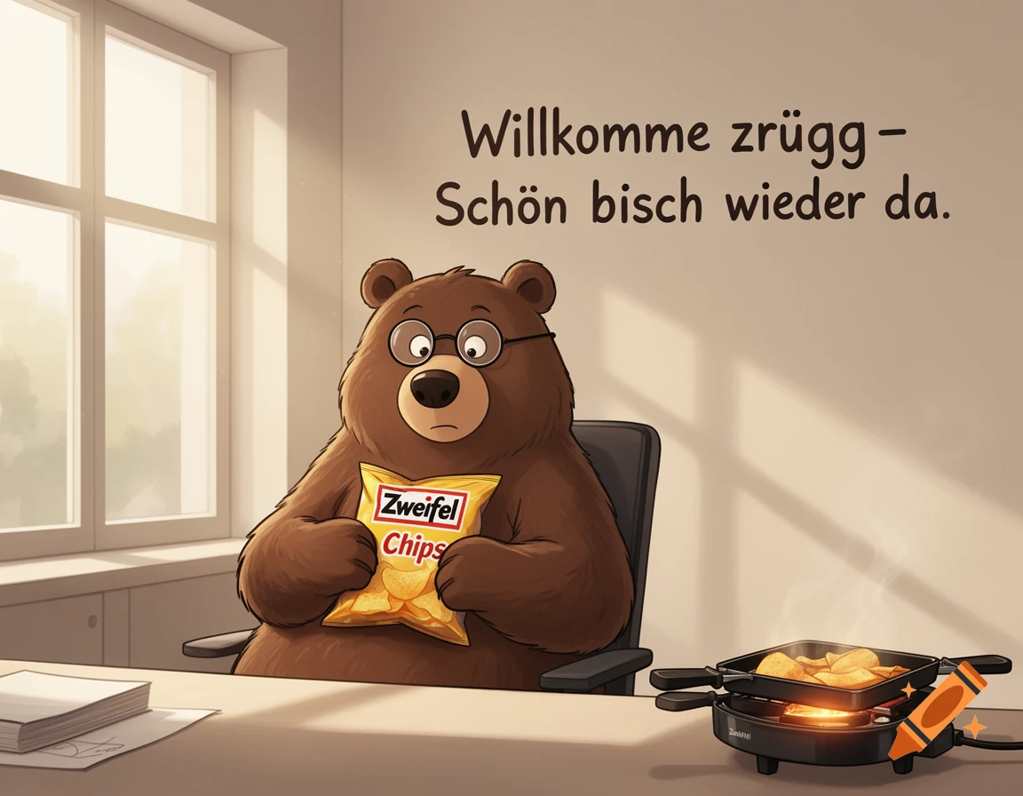 A cartoon bear with glasses sits at an office desk, eating Zweifel chips, with a raclette grill and text on the wall.