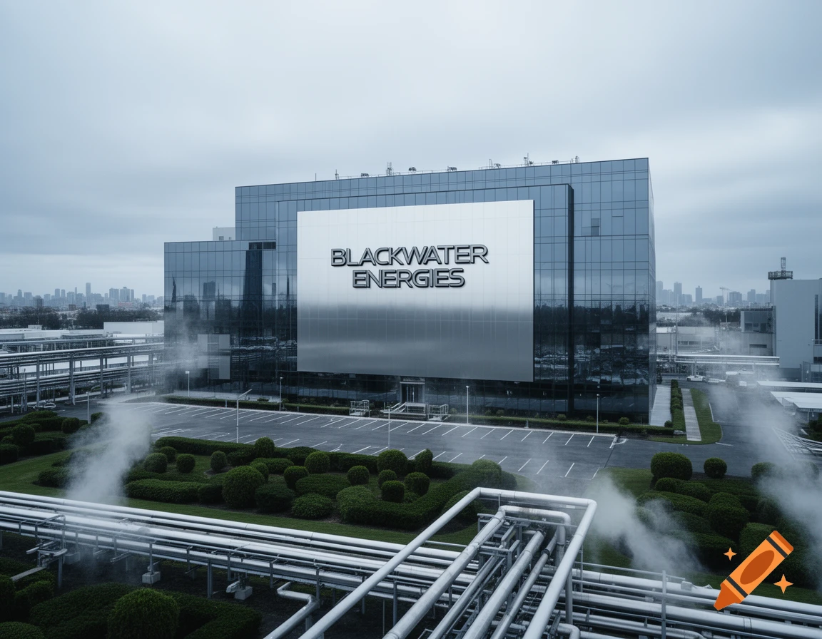 Photorealistic exterior of a modern glass building with 'BLACKWATER ENERGIES' on its facade, industrial pipes, and steam in the foreground.