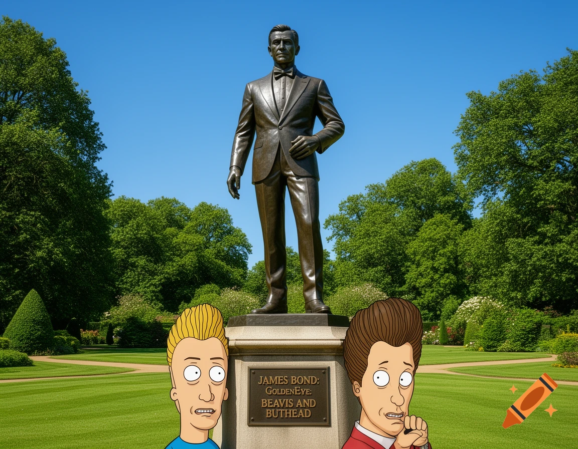A bronze statue of James Bond stands in a sunny park with green lawns, while cartoon characters Beavis and Butthead are positioned in the foreground.