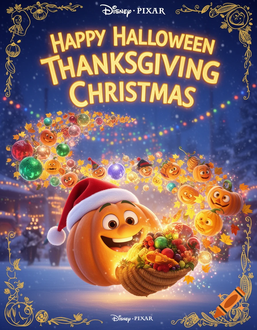 Animated Disney Pixar movie poster with a smiling pumpkin in a Santa hat, holding a fruit basket, surrounded by festive lights and text 'Happy Halloween Thanksgiving Christmas'.