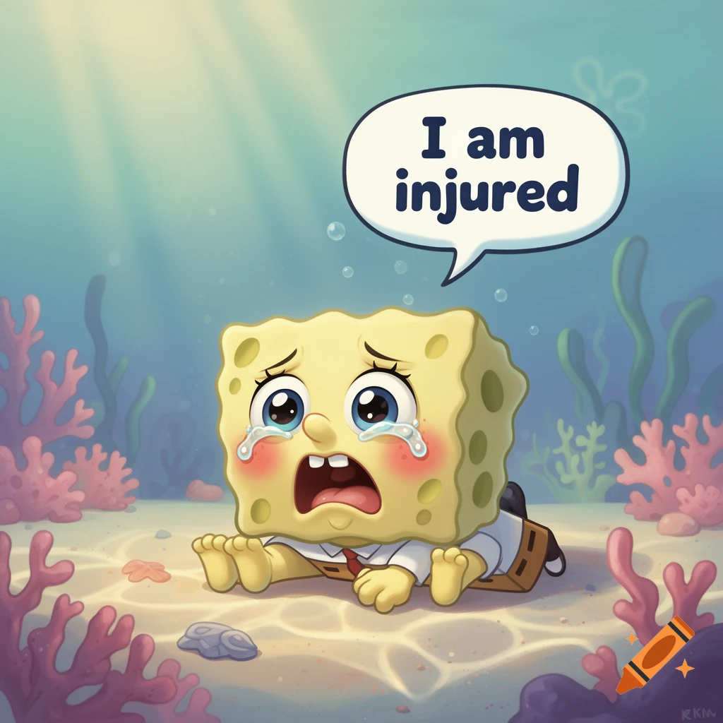 Baby Spongebob cries on the ocean floor, with a speech bubble saying 'I am injured' above him.