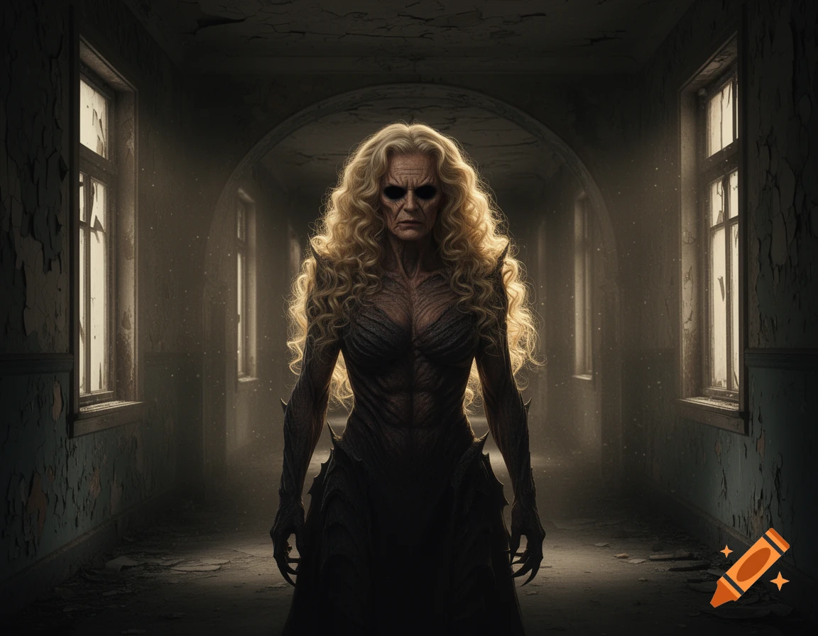 A grim-faced demon with long blonde curly hair, black eyes, and a muscular body stands in a dark, dilapidated hallway.