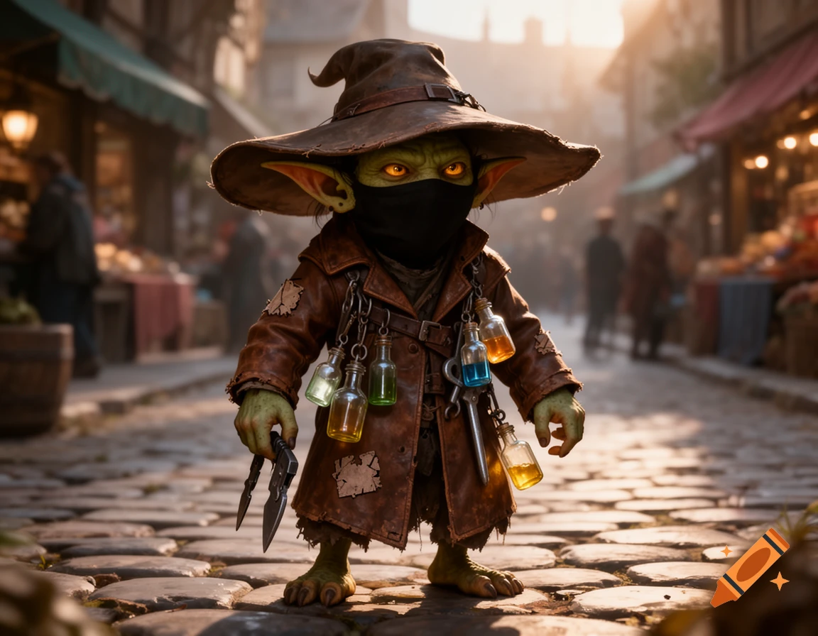 A goblin-like creature with glowing orange eyes, wearing a large hat, black mask, and a patched brown leather coat with hanging bottles, stands on a cobblestone street in a sunny market.