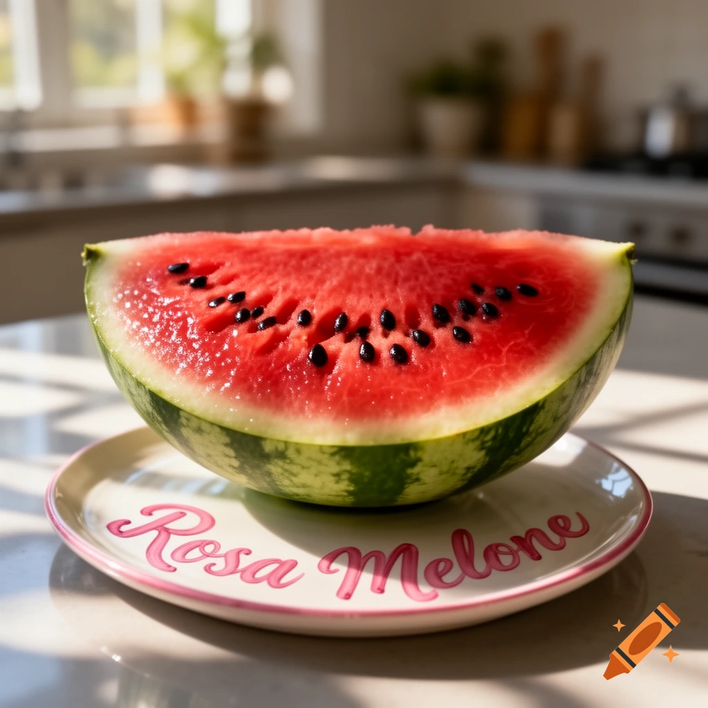 A close-up shot of a juicy watermelon slice with black seeds, resting on a white plate with "Rosa Melone" written in pink script, on a sunlit kitchen counter.