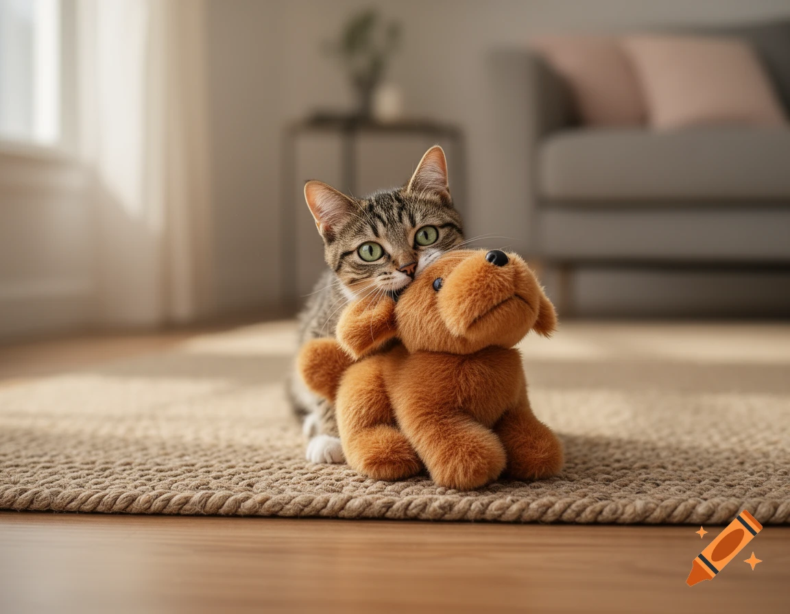 A photorealistic tabby cat with green eyes cuddles a brown dog plush toy on a woven rug indoors.
