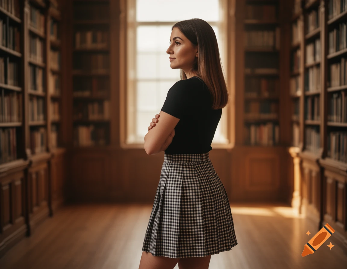 A woman in a black top and checkered pleated skirt stands with folded arms in a grand library.