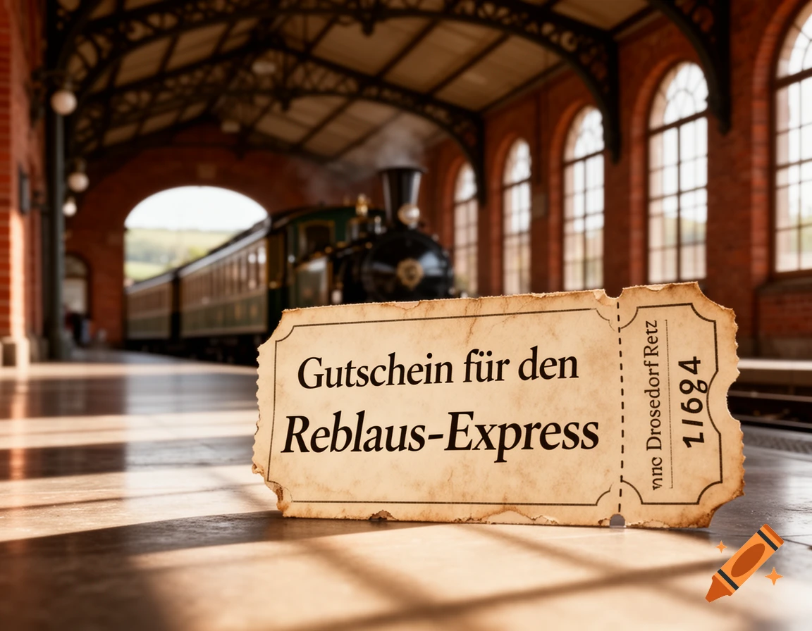 A vintage-style train voucher for the Reblaus-Express is propped on a platform, with a classic steam train blurred in the background at a station.